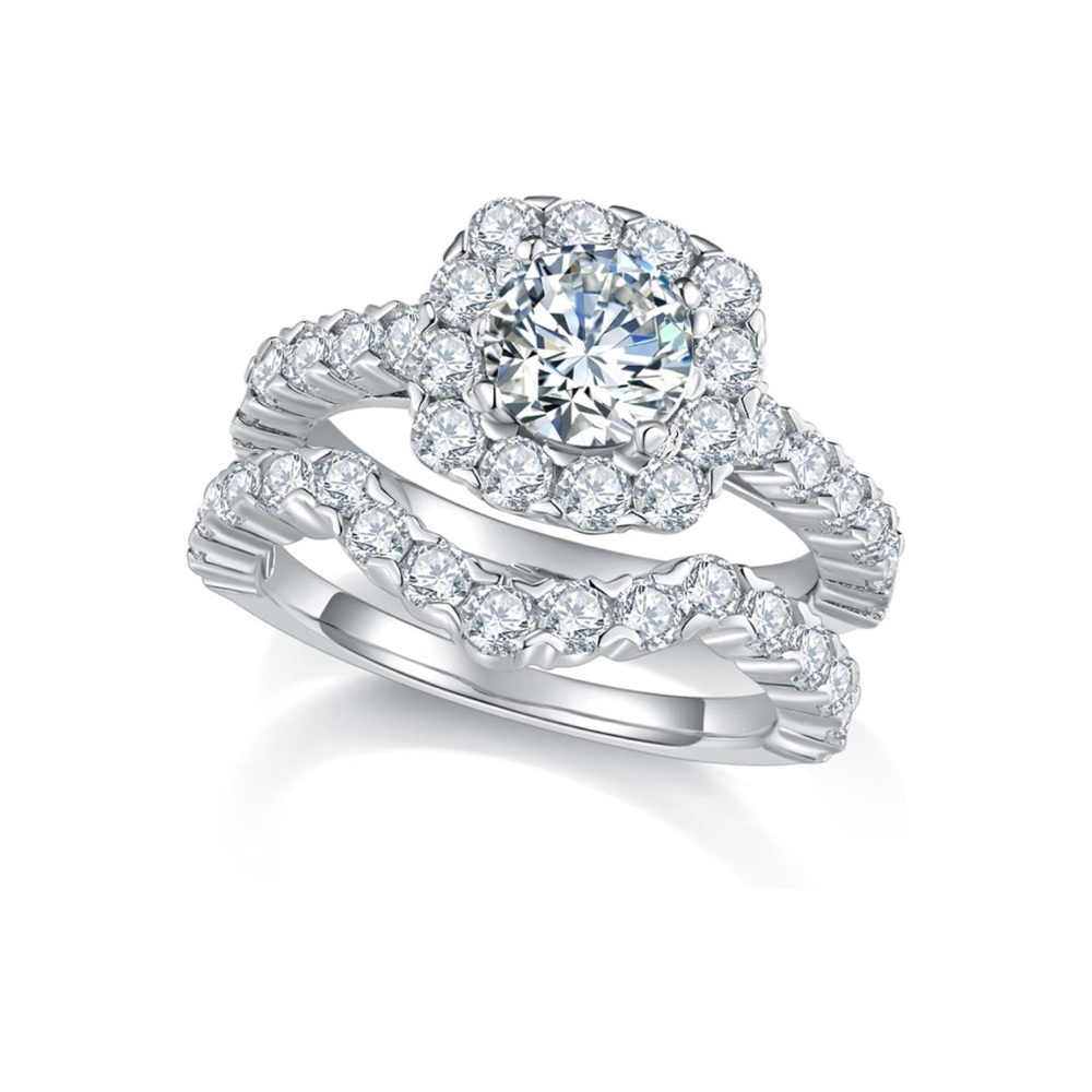 1 ct 6.5 mm Round brilliant cut square halo wedding bridal ring set
